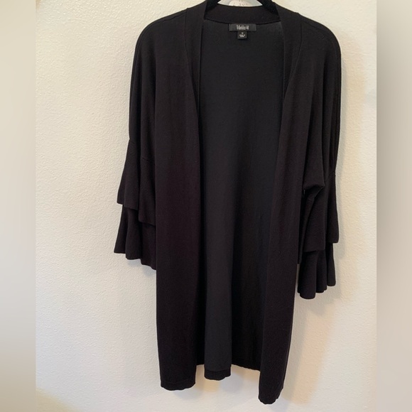 Tribekka 44 Black Cardigan Sweater with Tiered Ruffle Sleeves. Size M - Picture 2 of 4